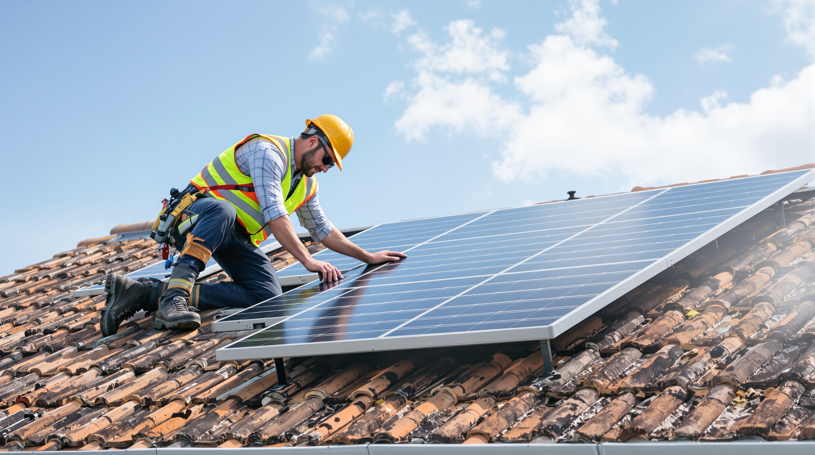 Installation de panneaux solaires combinés sur une toiture française